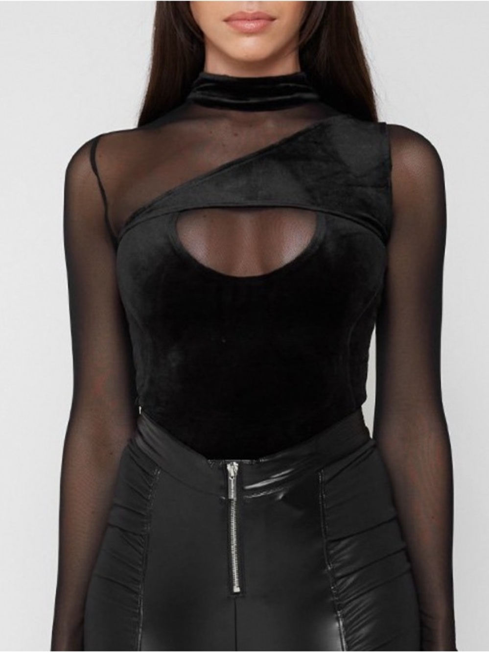 Black Sheer Mesh & Velvet Cutout Long-Sleeve Top